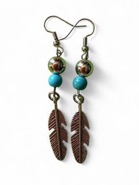 Handmade Boho Turquoise & Silver Feather Dangle Earrings ✨ NWOT